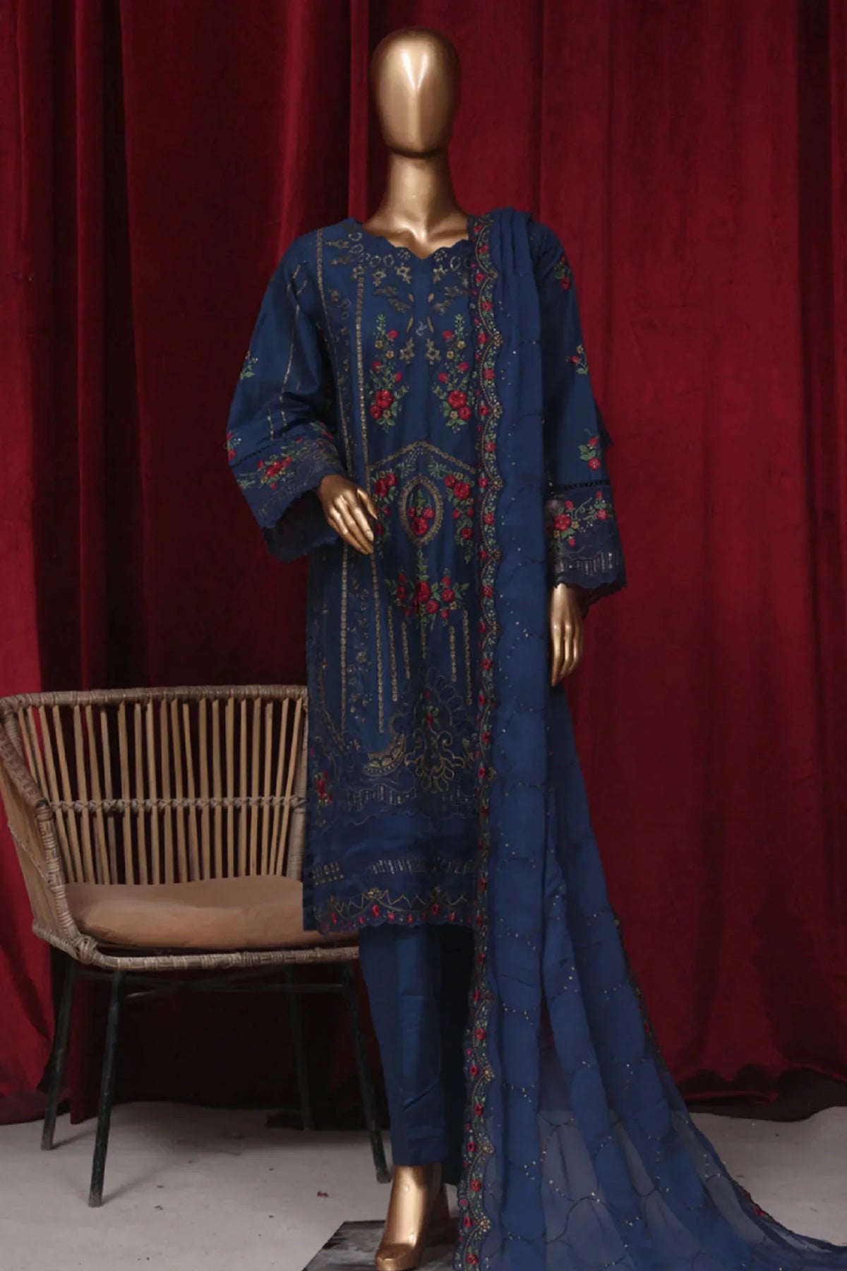 Bin Saeed Stitched 3 Piece Emb Luxury Plain Cotton Vol-02 Collection-LF-1670-Blue