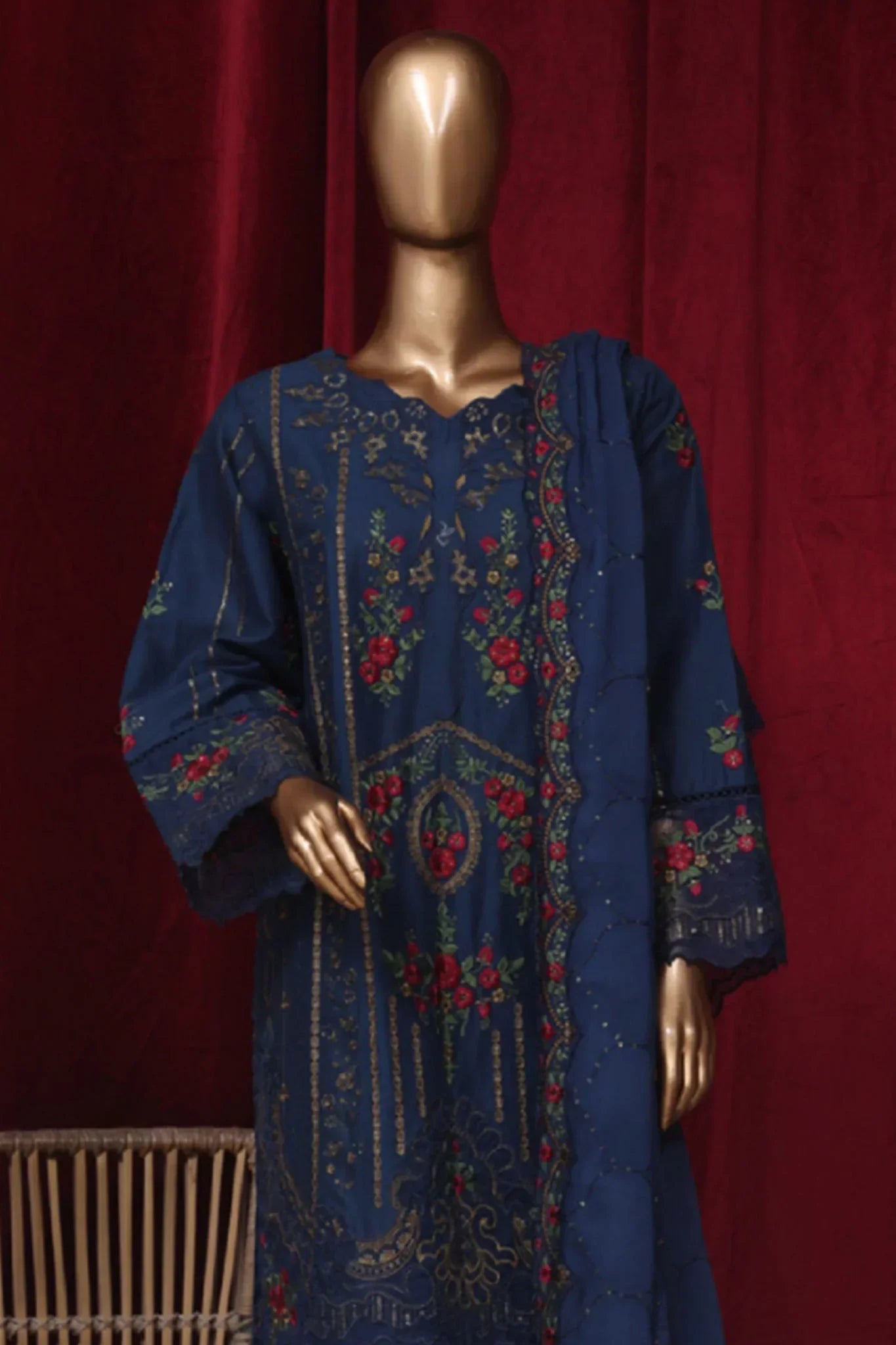 Bin Saeed Stitched 3 Piece Emb Luxury Plain Cotton Vol-02 Collection-LF-1670-Blue