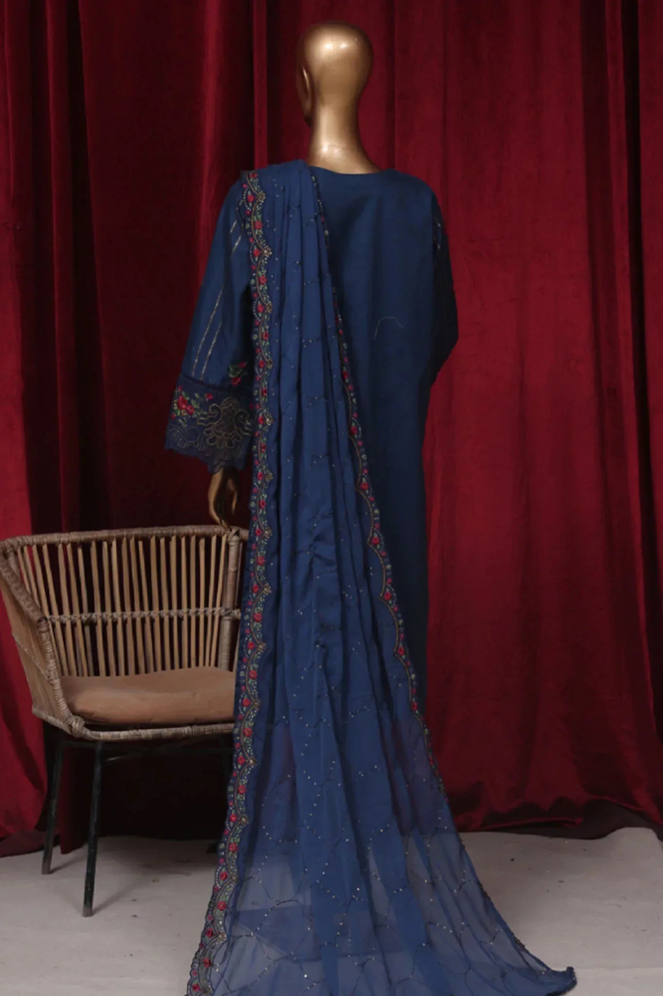 Bin Saeed Stitched 3 Piece Emb Luxury Plain Cotton Vol-02 Collection-LF-1670-Blue