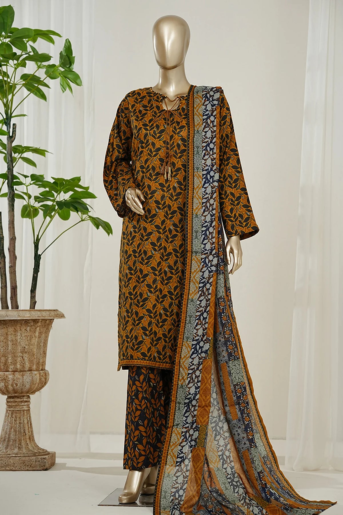 Bin Saeed Stitched 3 Piece Exclusive Printed Lawn Vol-10 Suit-LSM-2969-MUSTARD