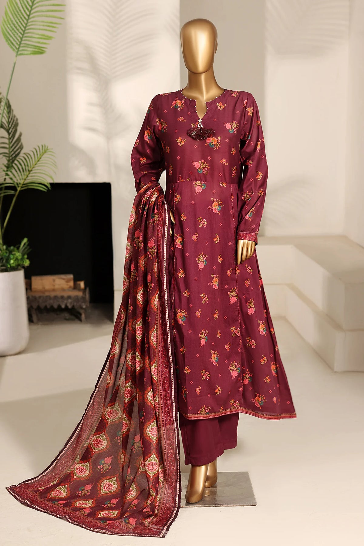 Bin Saeed Stitched 3 Piece Exclusive Printed Frock-LSM-2978-RED
