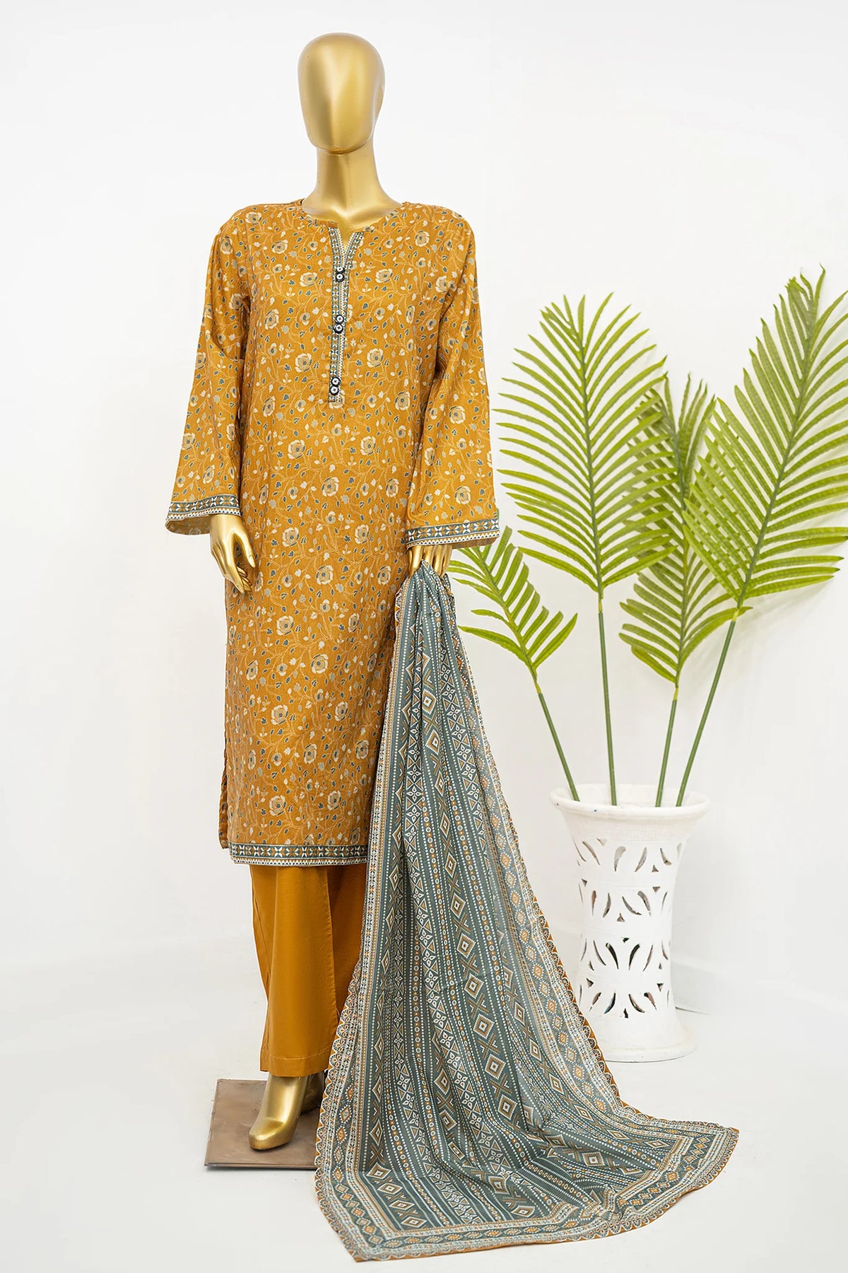 Bin Saeed Stitched 3 Piece Exclusive Printed Lawn Vol-11 Suit-LSM-3153-YELLOW