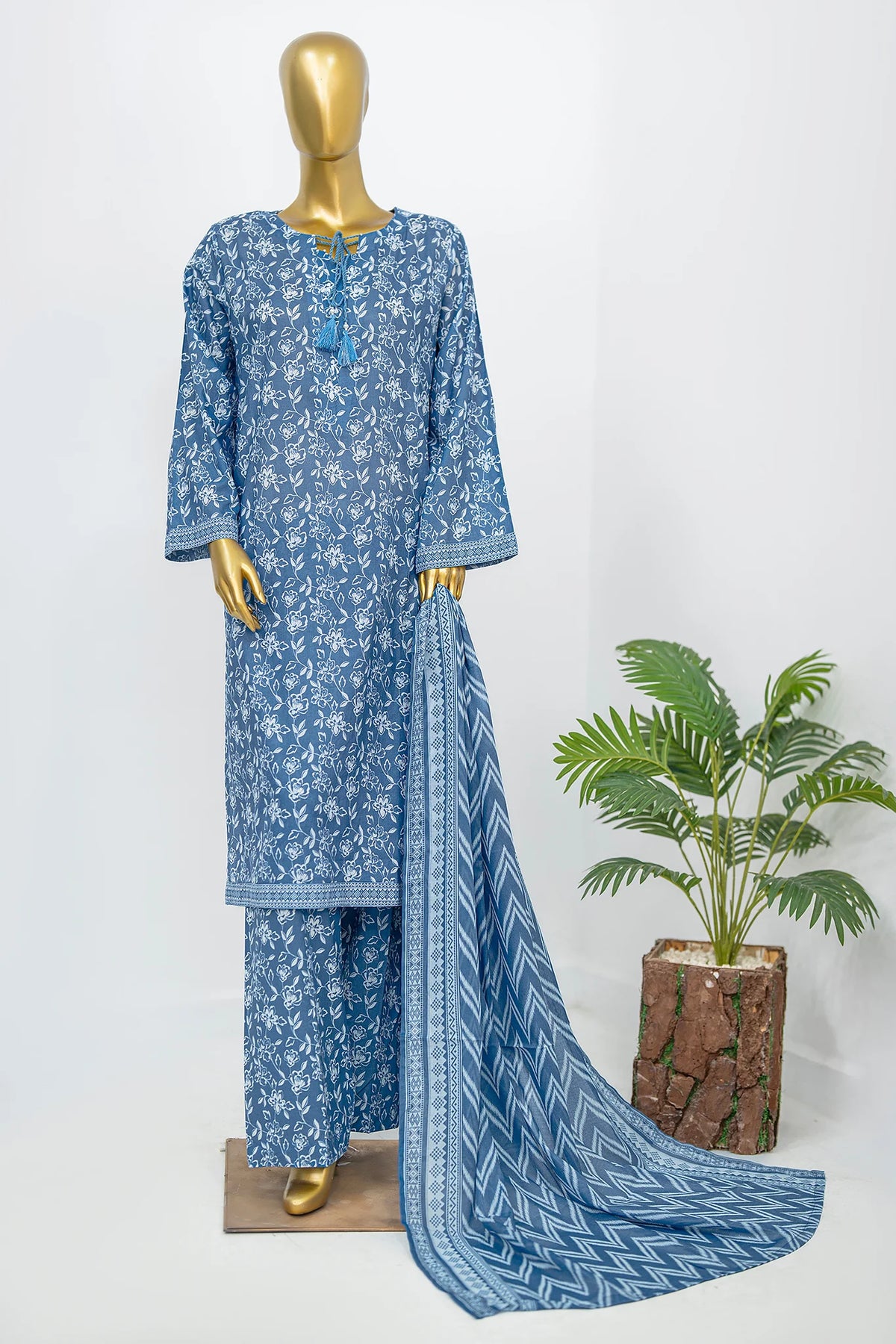 Bin Saeed Stitched 3 Piece Exclusive Printed Lawn Vol-12 Suit-LSM-3165-BLUE