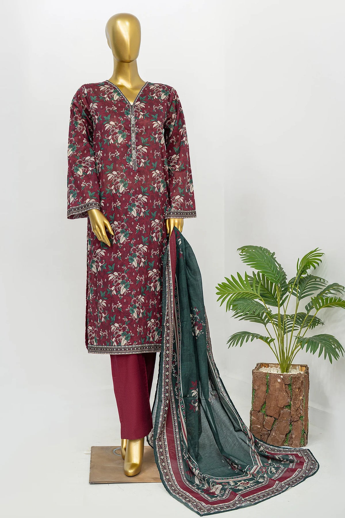 Bin Saeed Stitched 3 Piece Exclusive Printed Lawn Vol-12 Suit-LSM-3168-MAROON