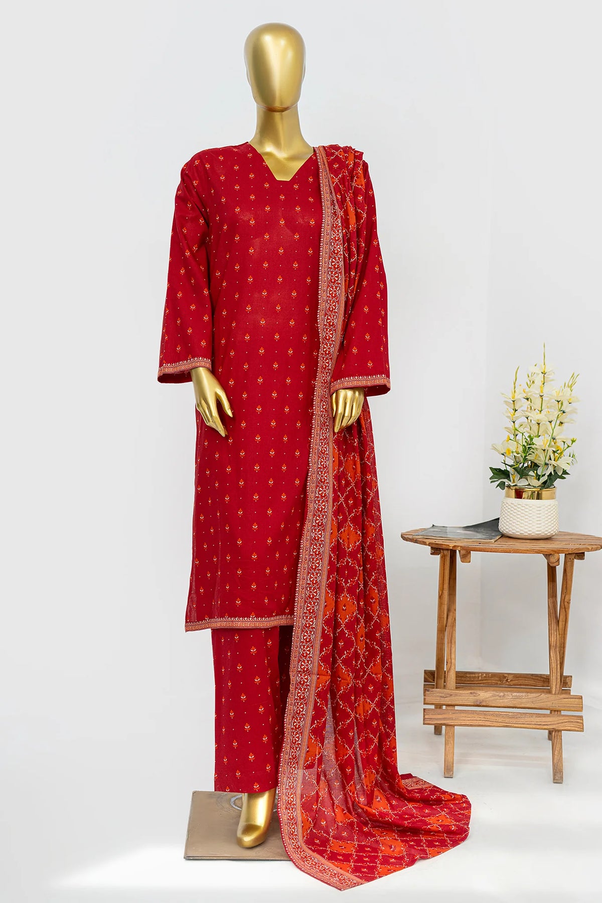 Bin Saeed Stitched 3 Piece Exclusive Printed Lawn Vol-12 Suit-LSM-3179-RED
