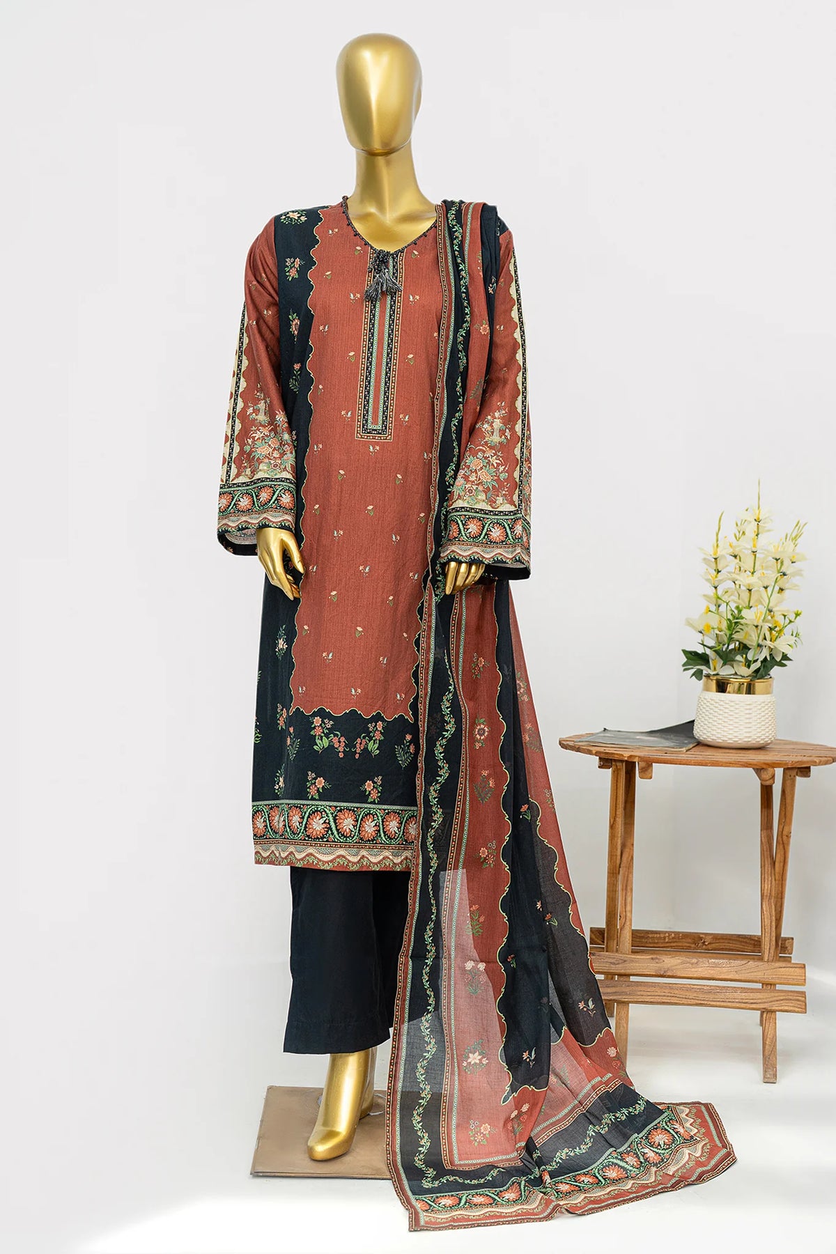 Bin Saeed Stitched 3 Piece Exclusive Printed Lawn Vol-12 Suit-LSM-3180-BROWN