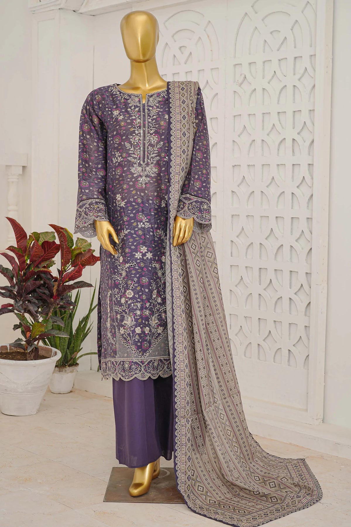 Bin Saeed Stitched 3 Piece Exclusive Emb Lawn With Flapper Suit-LSM-3206-PURPLE