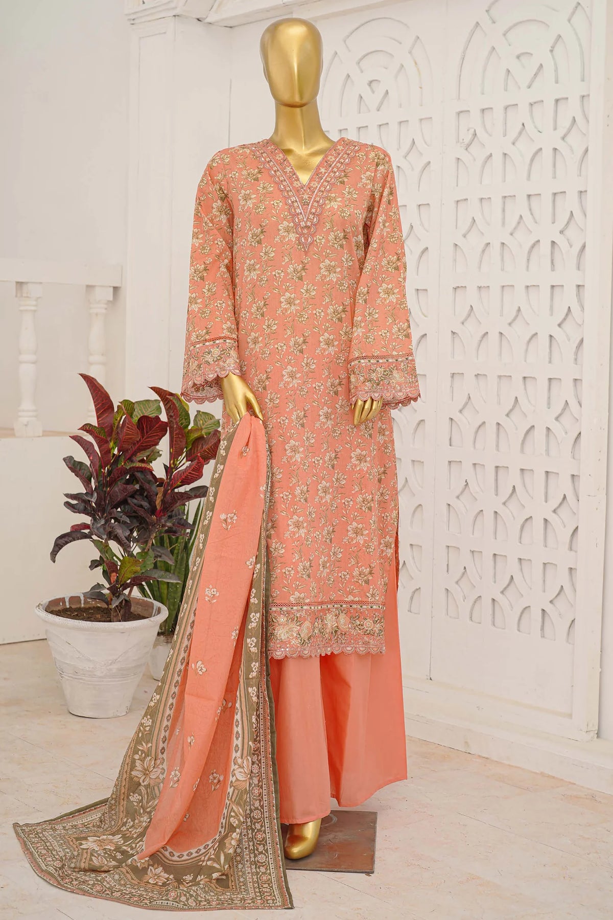 Bin Saeed Stitched 3 Piece Exclusive Emb Lawn With Flapper Suit-LSM-3207-PEACH