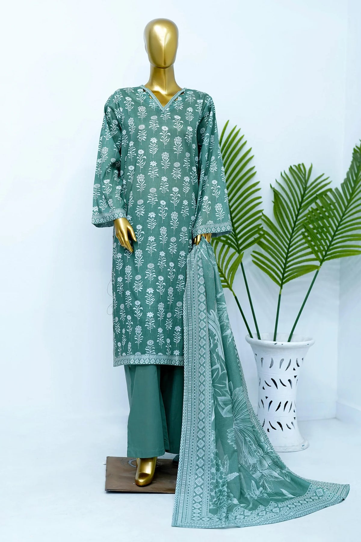 Bin Saeed Stitched 3 Piece Exclusive Printed Lawn Vol-12 Suit-LSM-3208-GREEN