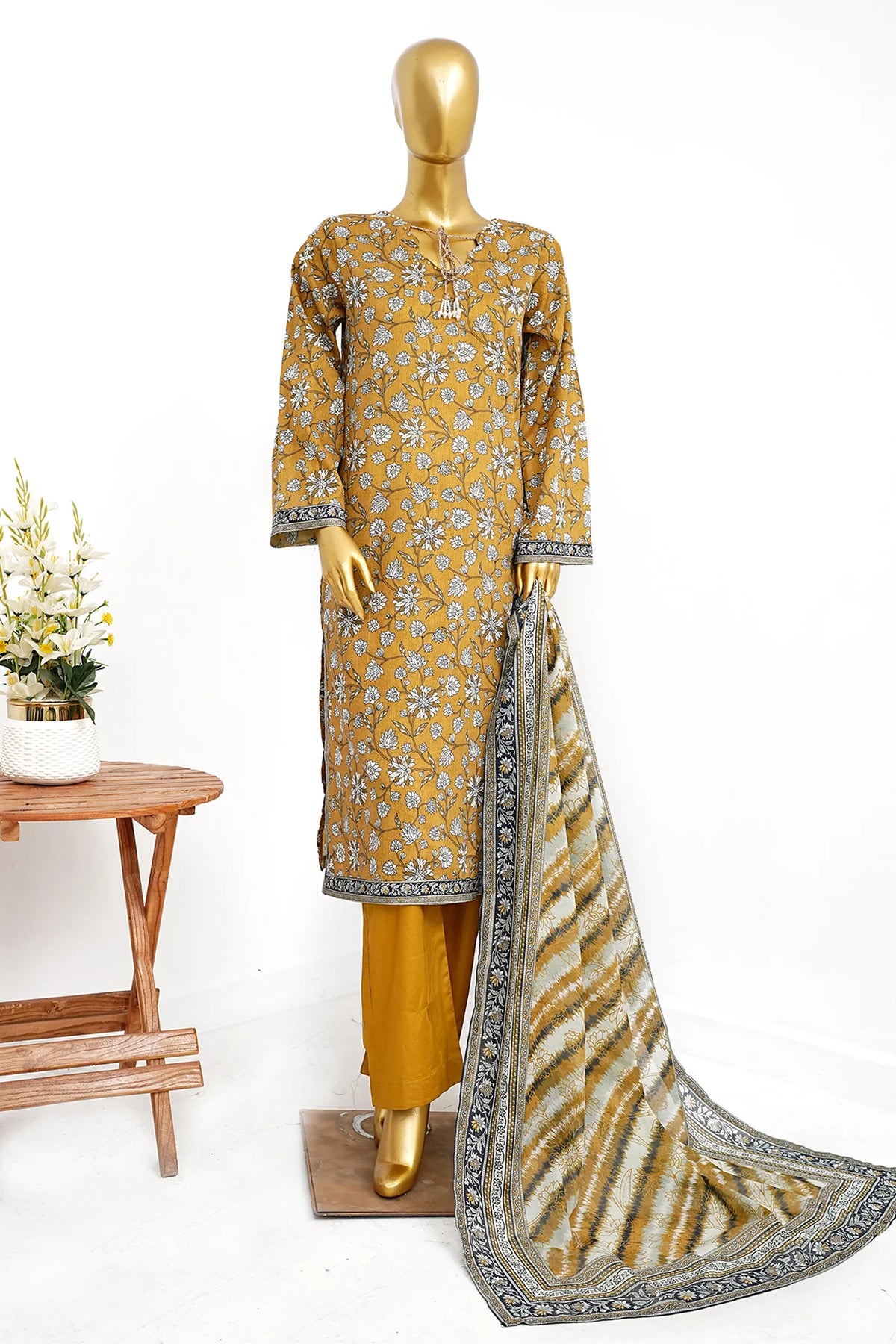Bin Saeed Stitched 3 Piece Exclusive Printed Lawn Vol-13 Suit-LSM-3234-YELLOW