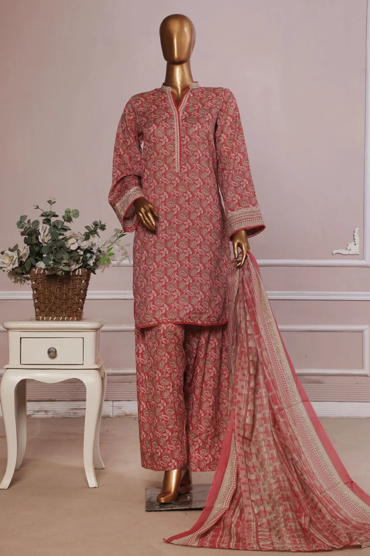 Bin Saeed Stitched 3 Piece Exc Printed Lawn With Farshi Shalwar Collection'2025-NSM-2061-Mauve