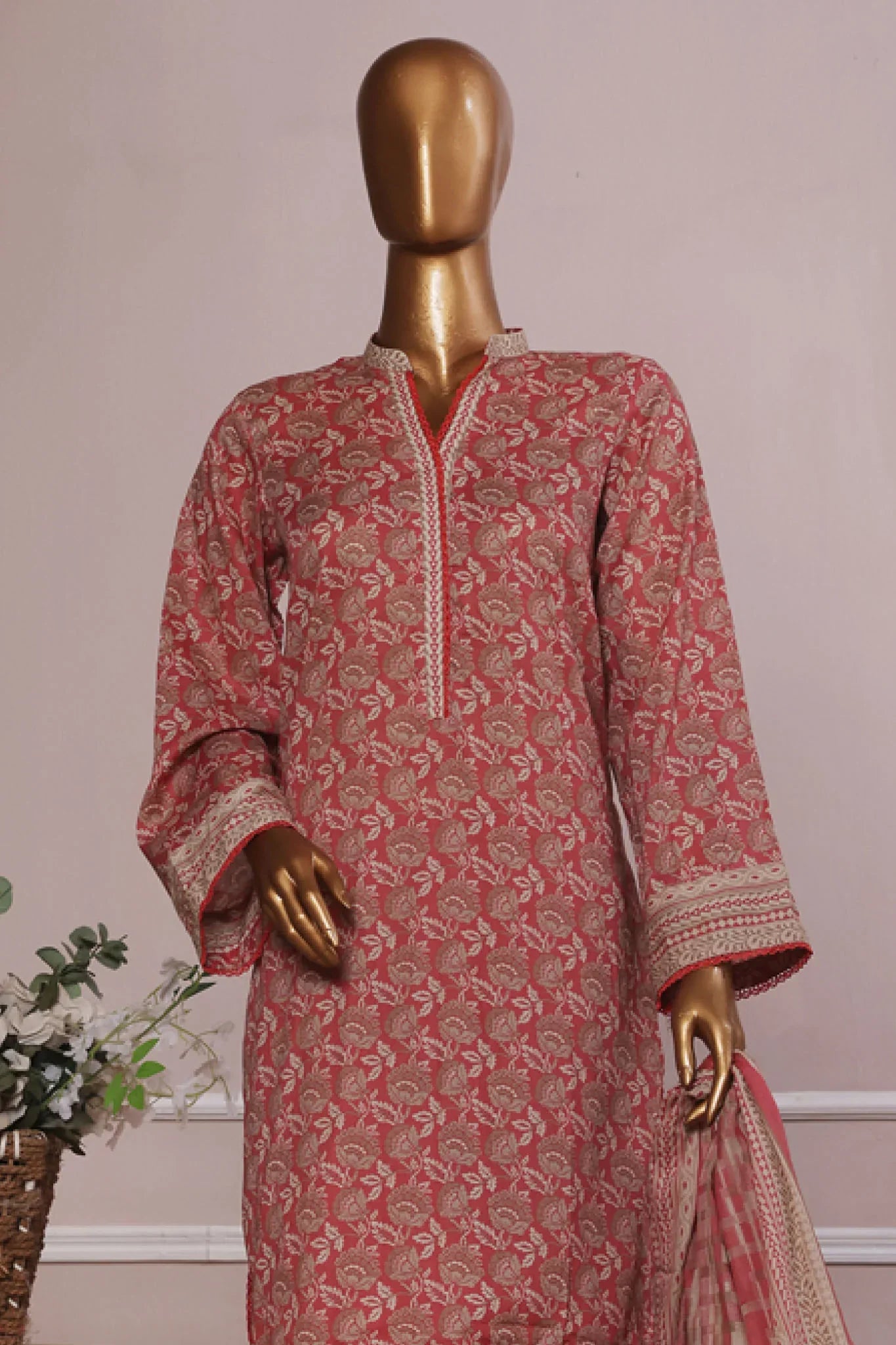 Bin Saeed Stitched 3 Piece Exc Printed Lawn With Farshi Shalwar Collection'2025-NSM-2061-Mauve