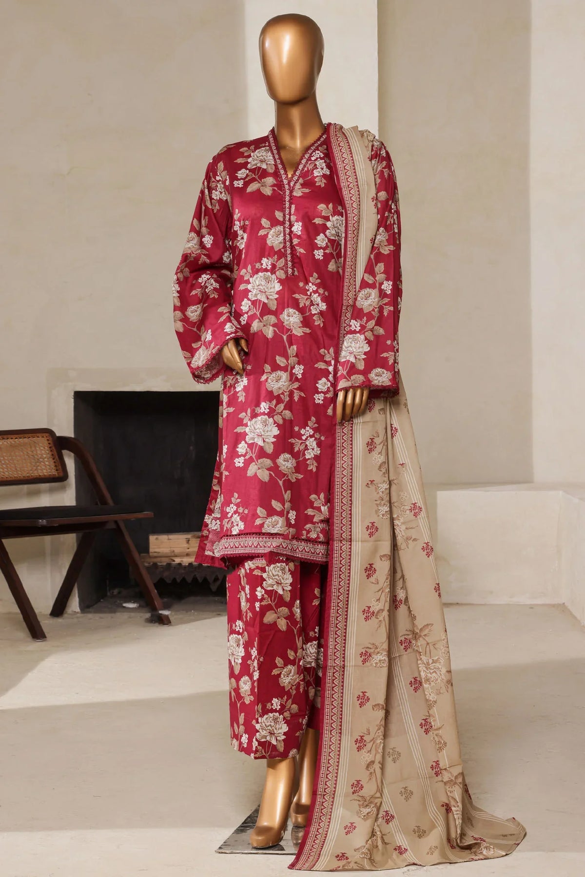 Bin Saeed Stitched 3 Piece Exc Printed Lawn With Farshi Shalwar Vol-01 Collection'2025-NSM-2202-Maroon