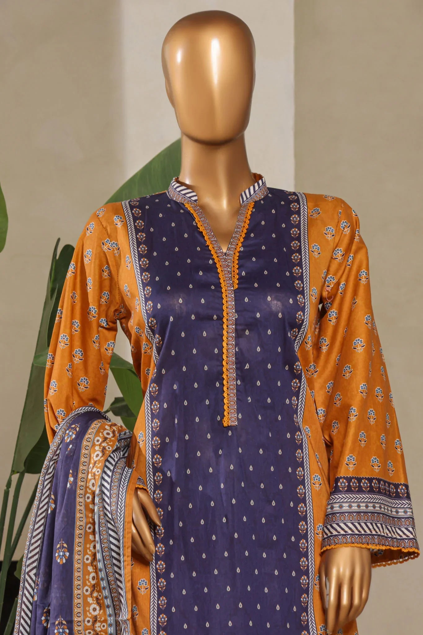 Bin Saeed Stitched 3 Piece Exc Printed Lawn With Farshi Shalwar Vol-01 Collection'2025-NSM-2205-Navy Blue