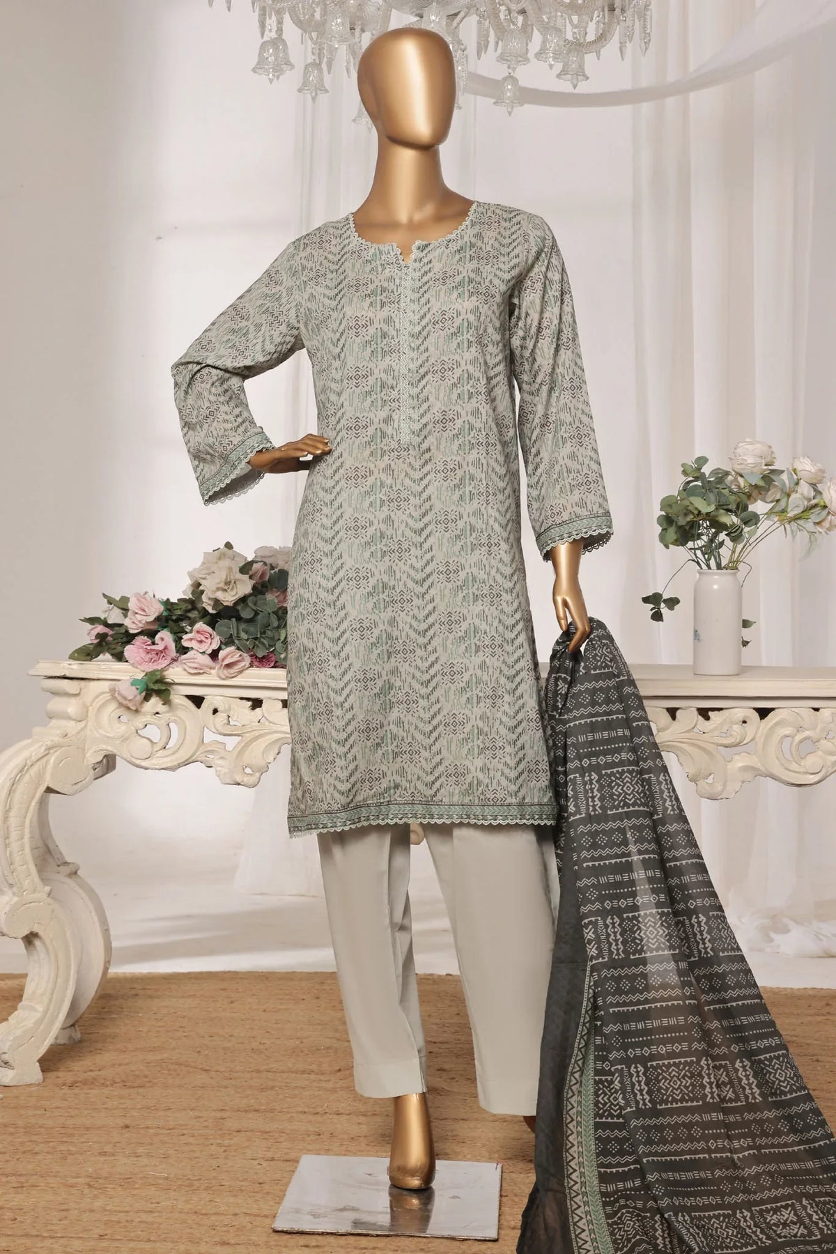 Bin Saeed Stitched 3 Piece Exc Printed Lawn Vol-03 Collection'2025-NSM-2265-Grey