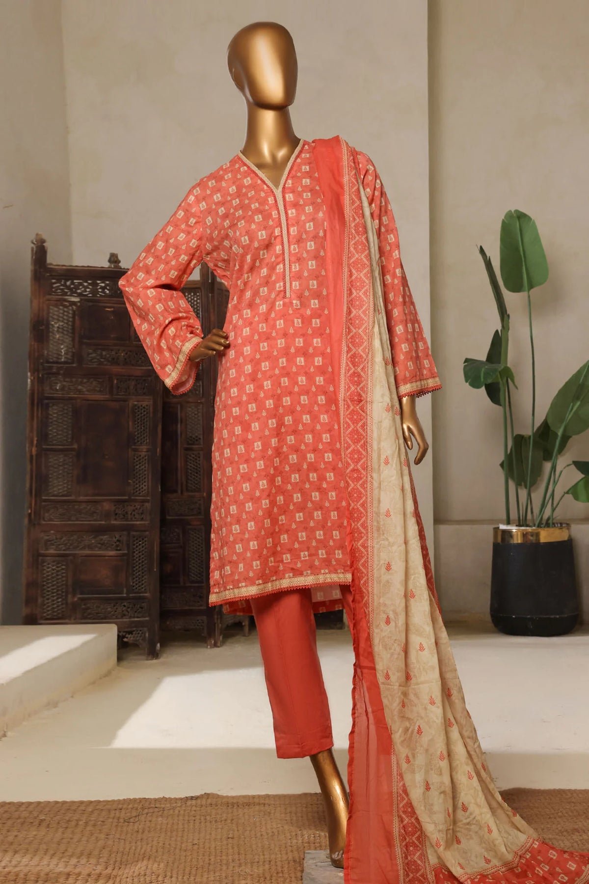 Bin Saeed Stitched 3 Piece Exc Printed Lawn Vol-04 Drop-02 Collection'2025-NSM-2329-Peach