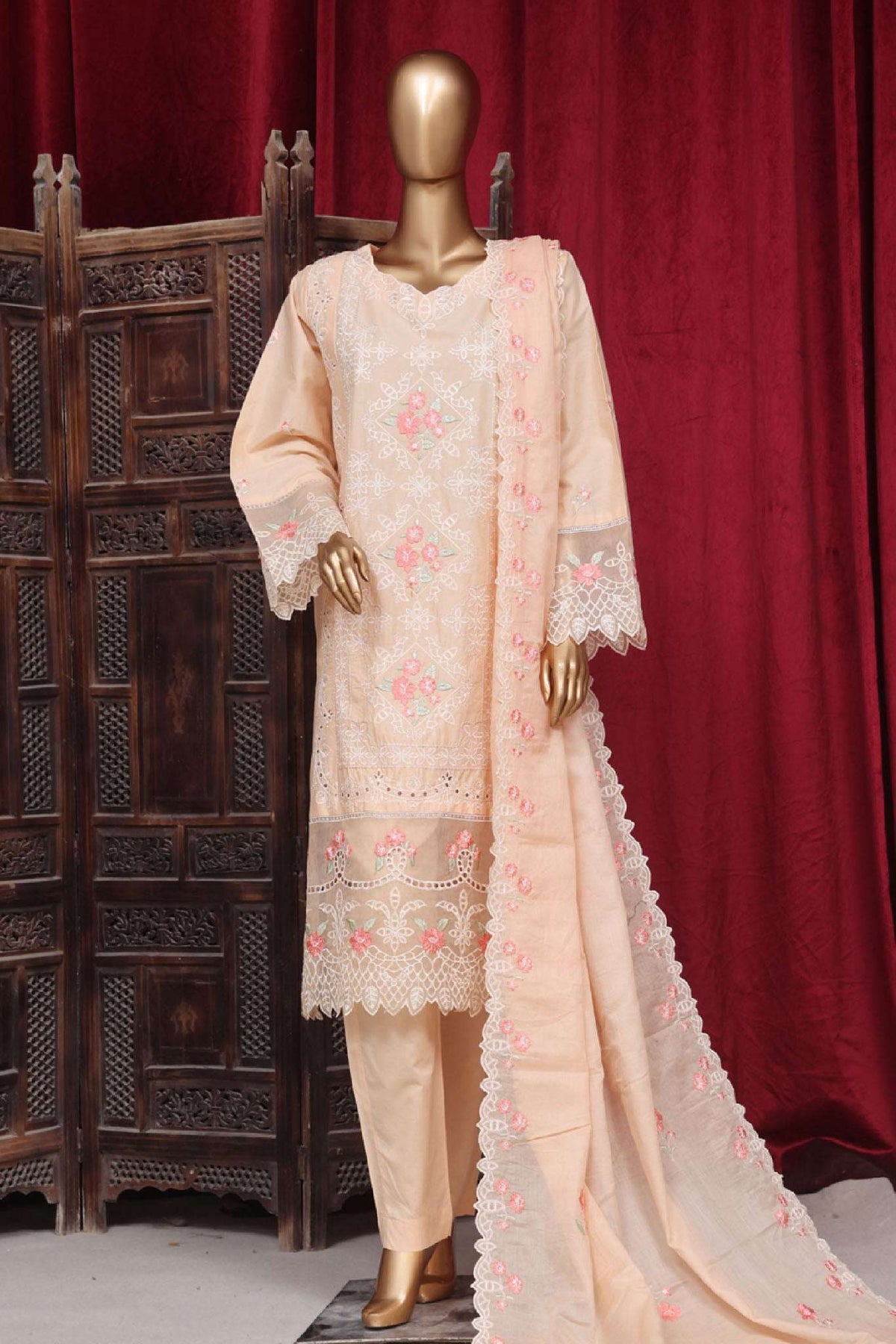 Bin Saeed Stitched 3 Piece Luxury Plain Cotton Vol-01 Collection-AS-1504-Peach