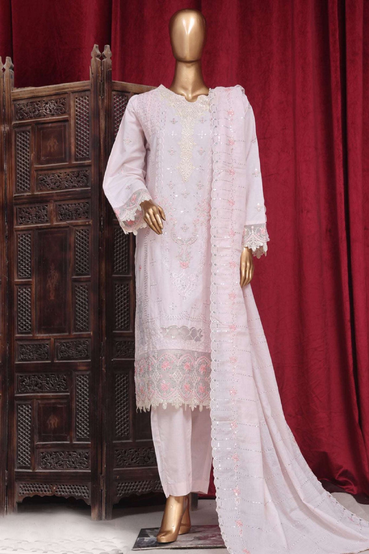 Bin Saeed Stitched 3 Piece Luxury Plain Cotton Vol-01 Collection-AS-1503-Light Pink