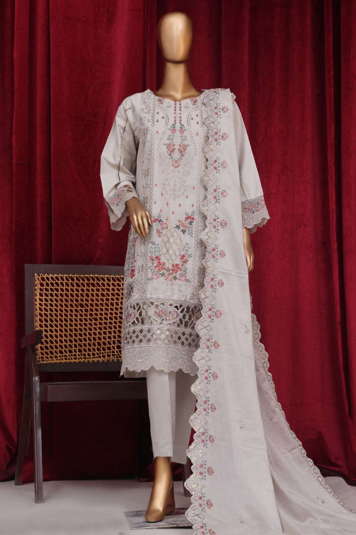 Bin Saeed Stitched 3 Piece Luxury Plain Cotton Vol-01 Collection-AS-1509-Off White