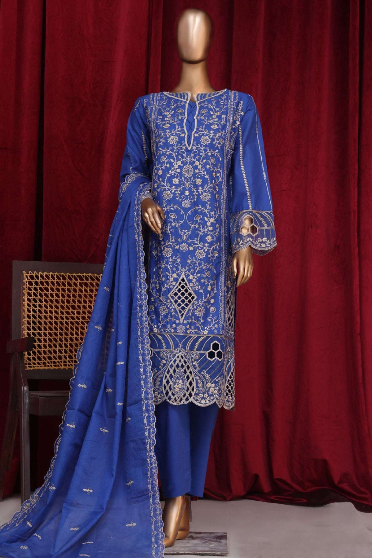Bin Saeed Stitched 3 Piece Luxury Plain Cotton Vol-01 Collection-AS-1506-Blue