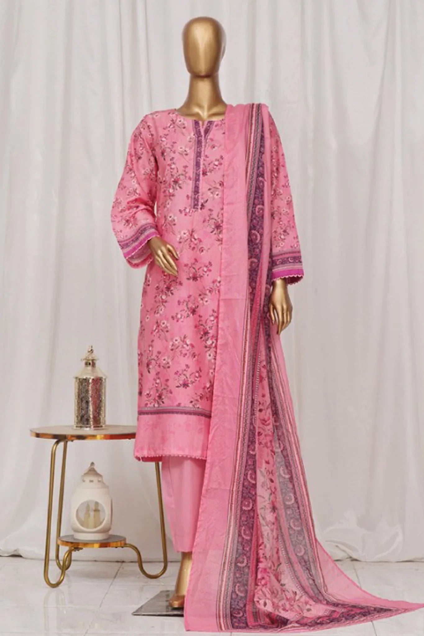 Bin Saeed Stitched 3 Piece Exclusive Printed Lawn Vol-02 Collection-AS-1001-Pink
