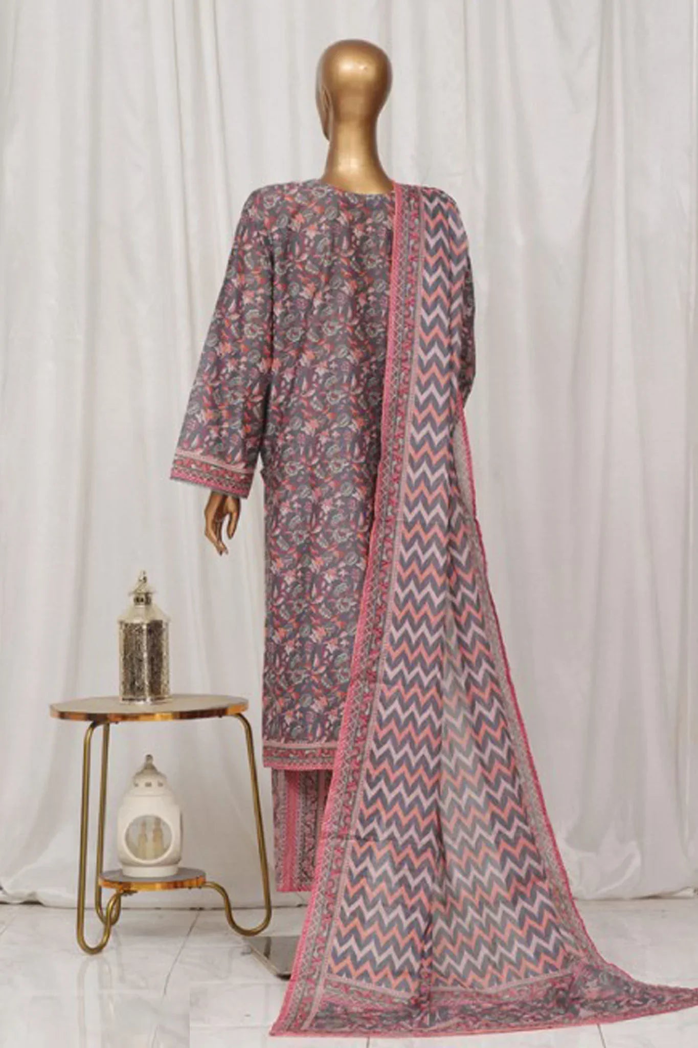 Bin Saeed Stitched 3 Piece Exclusive Printed Lawn Vol-02 Collection-AS-1006-Grey