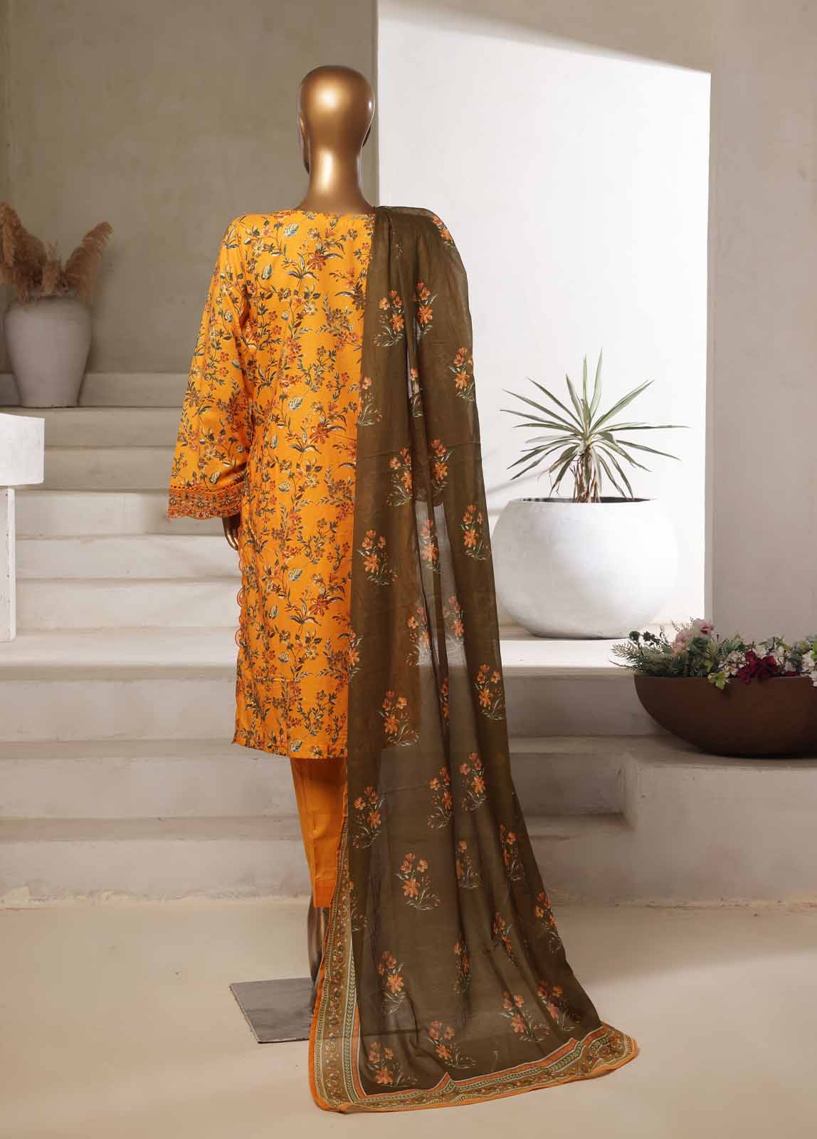 Bin Saeed Stitched 3 Piece Open Front Cutwork Kari Collection'2025-SM-2119-mustard