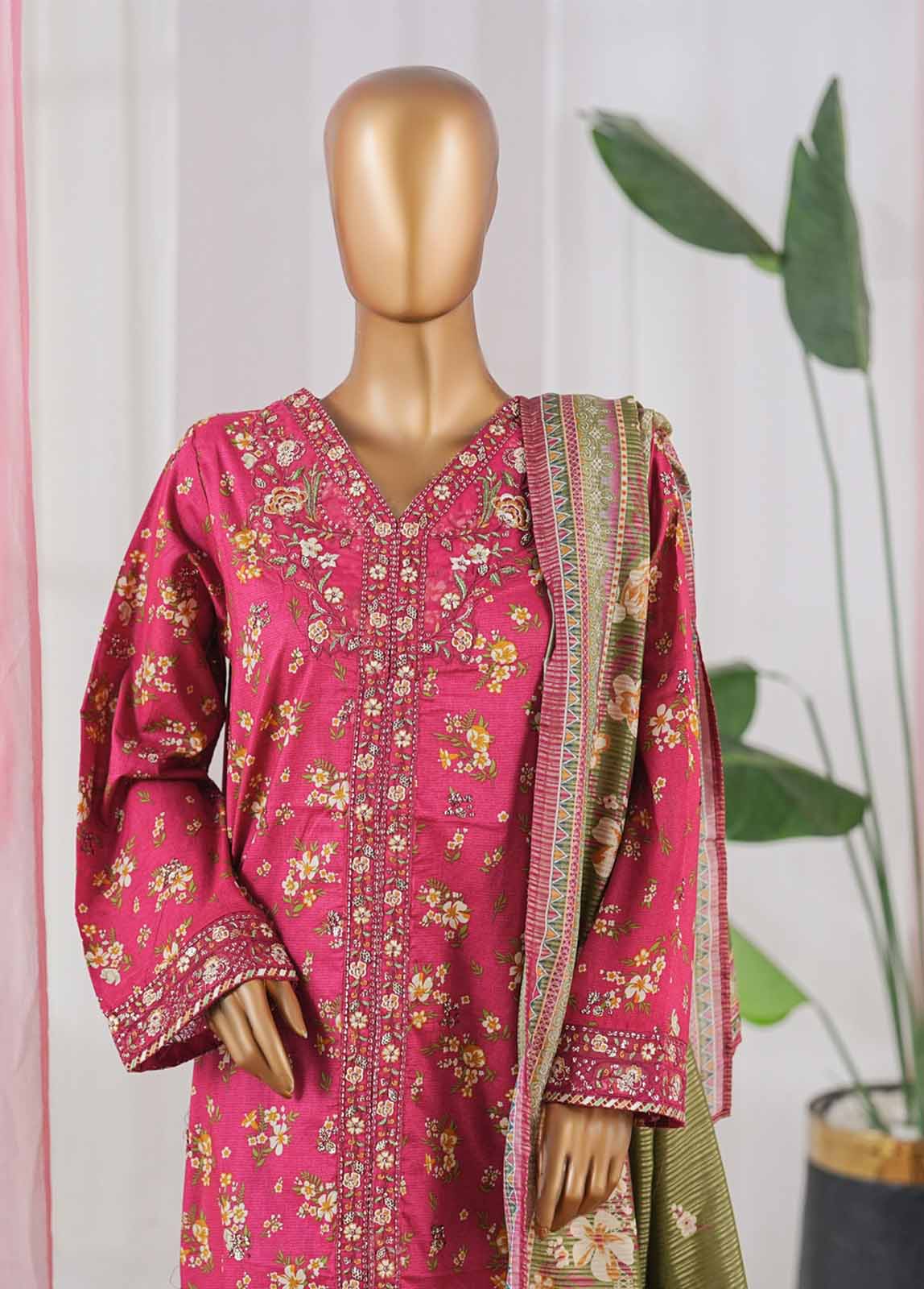 Bin Saeed Stitched 3 Piece Open Front Cutwork Kari Collection'2025-SM-2115-Dark pink