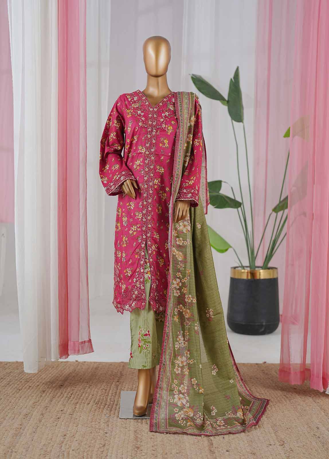 Bin Saeed Stitched 3 Piece Open Front Cutwork Kari Collection'2025-SM-2115-Dark pink