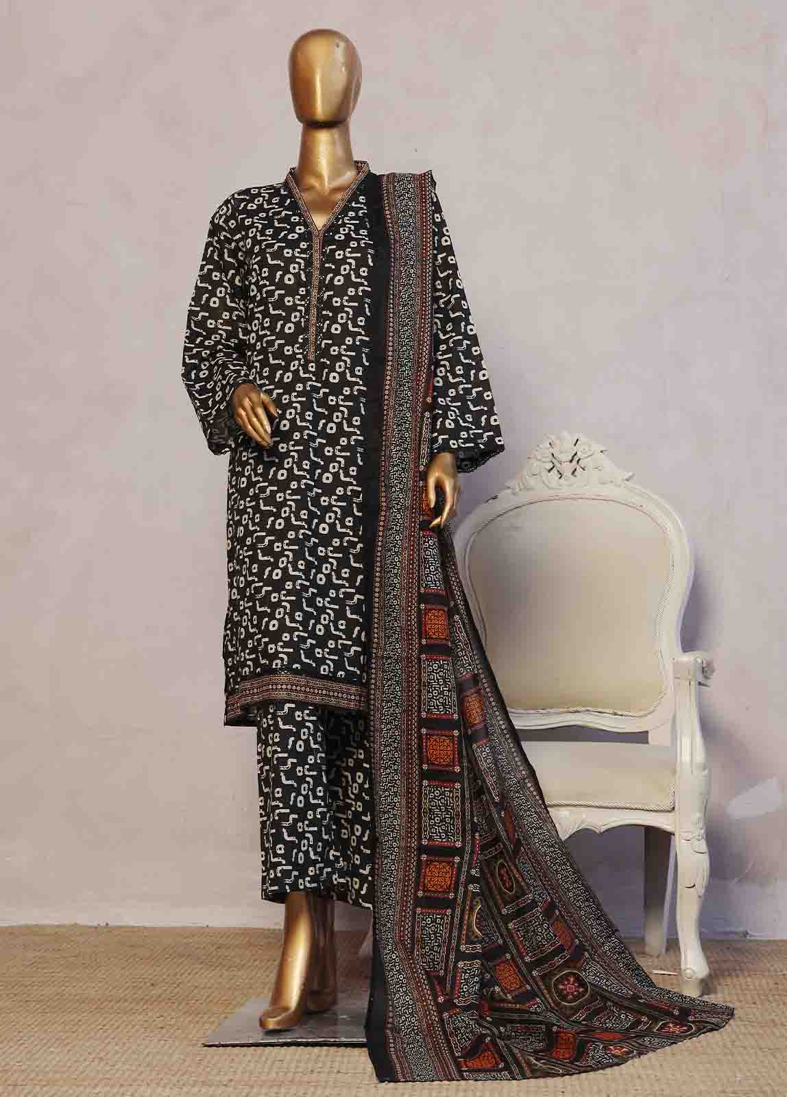 Bin Saeed Stitched 3 Piece Exclusive Printed Lawn Vol-08 Collection'2025-NSM-2229-Black