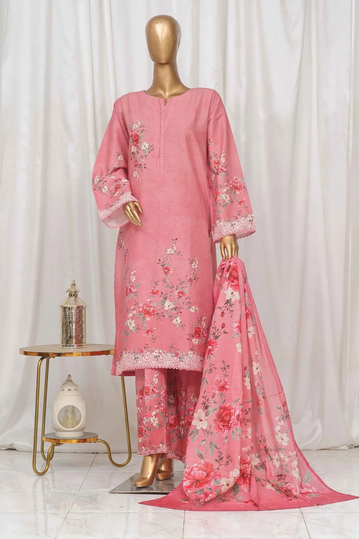 Bin Saeed Stitched 3 Piece Exclusive Printed Lawn Vol-04 Collection-SM-1356-Pink