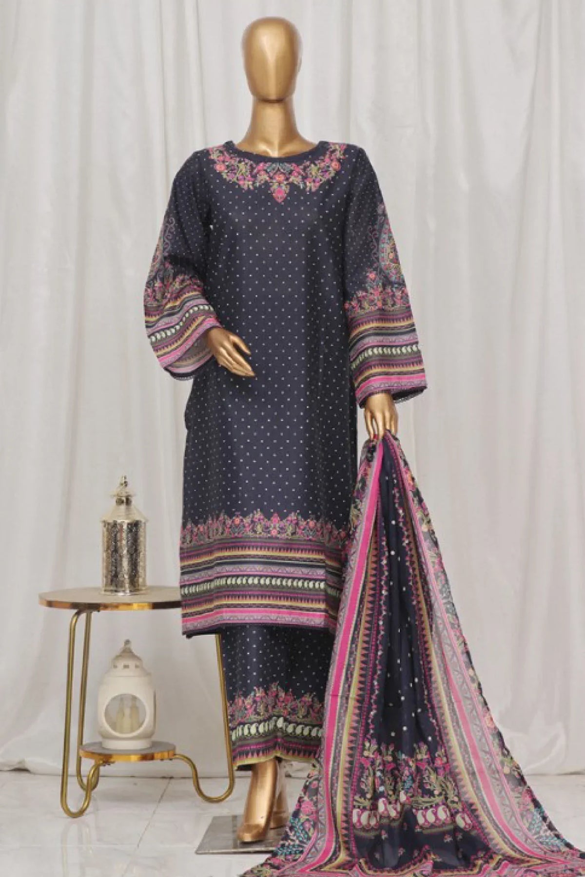 Bin Saeed Stitched 3 Piece Exclusive Printed Lawn Vol-03 Collection-AS-1520-Navy Blue