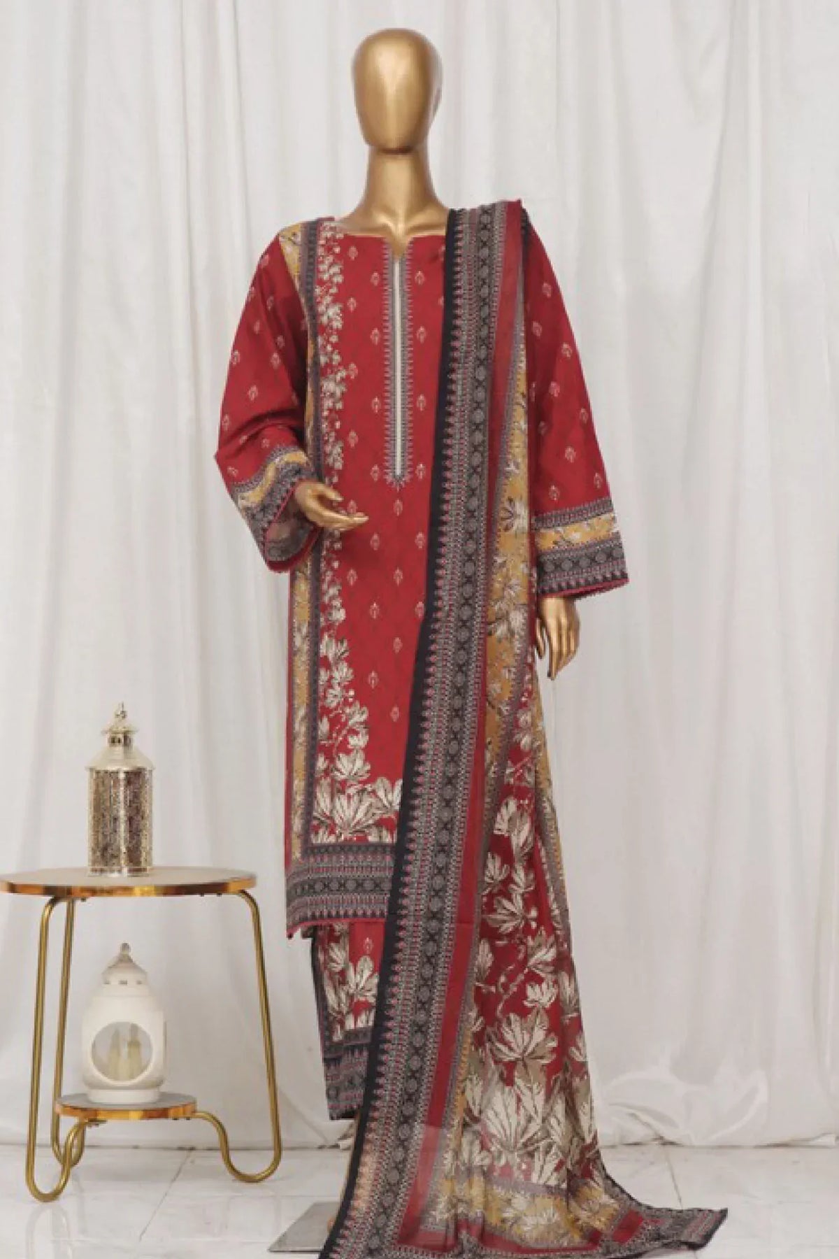Bin Saeed Stitched 3 Piece Exclusive Printed Lawn Vol-03 Collection-AS-1522-Maroon