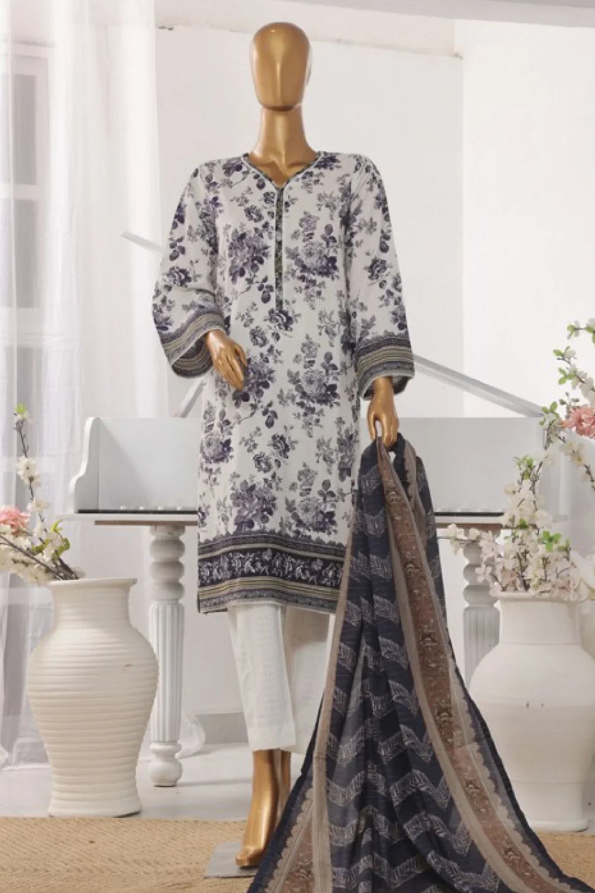 Bin Saeed Stitched 3 Piece Exclusive Printed Lawn Vol-03 Collection-AS-1523-White