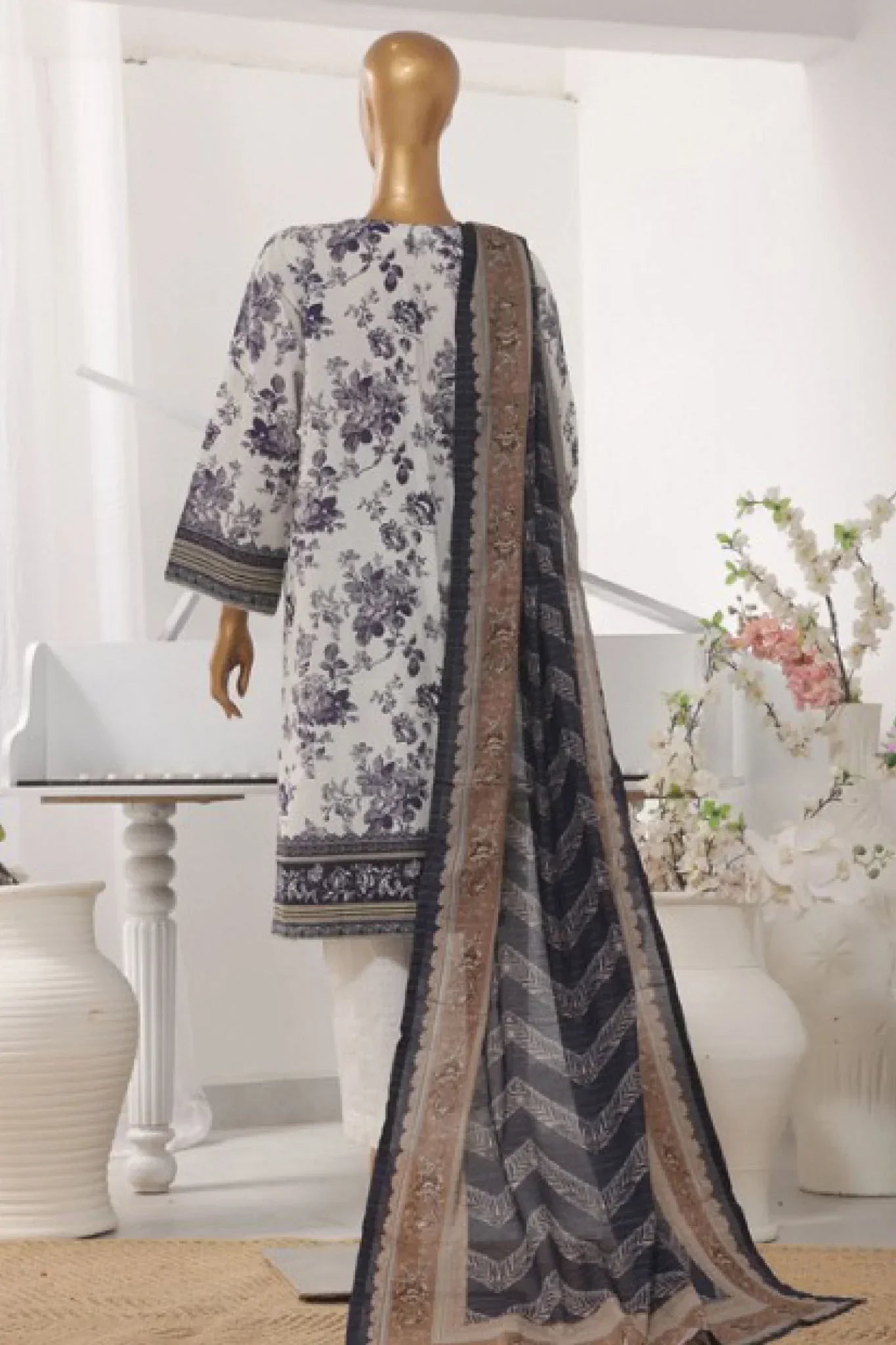 Bin Saeed Stitched 3 Piece Exclusive Printed Lawn Vol-03 Collection-AS-1523-White