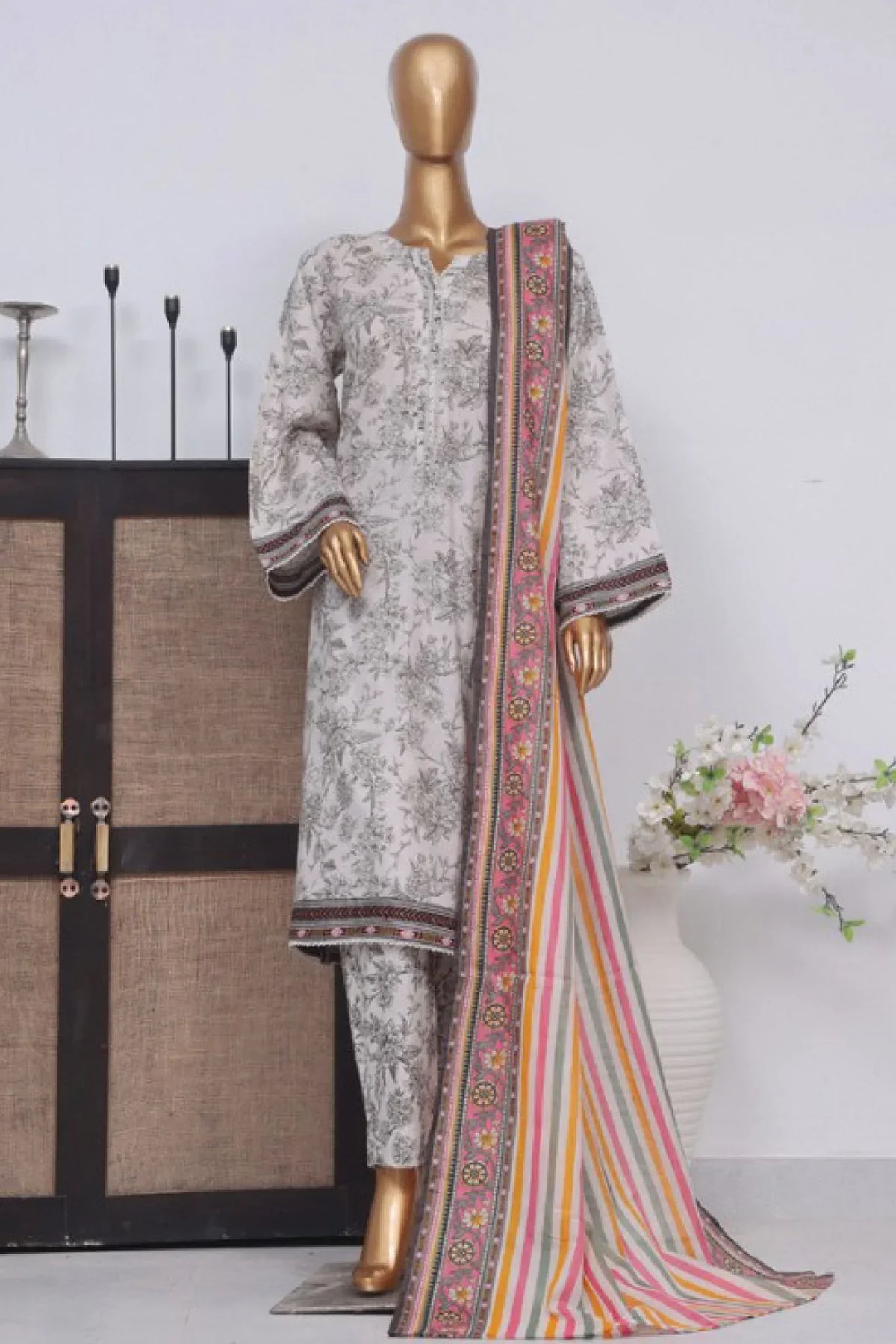 Bin Saeed Stitched 3 Piece Exclusive Printed Lawn Vol-03 Collection-SM-1528-Grey