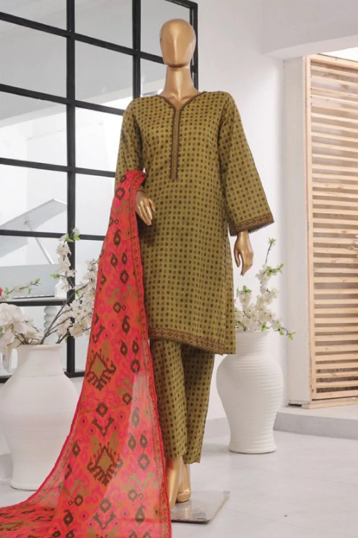 Bin Saeed Stitched 3 Piece Exclusive Printed Lawn Vol-03 Collection-AS-1528-Mehndi