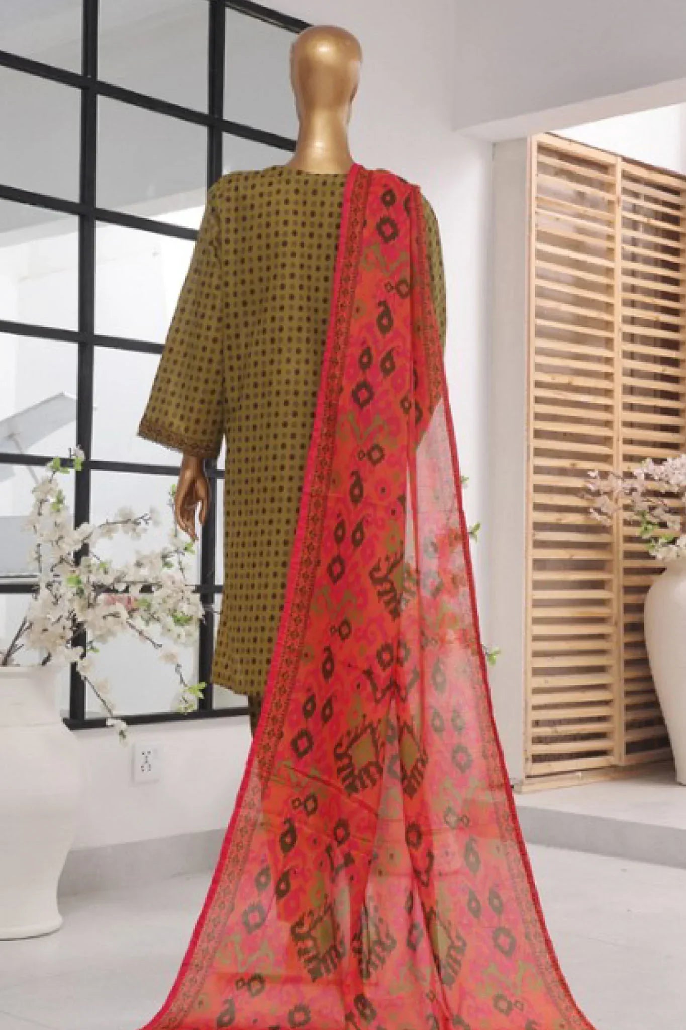 Bin Saeed Stitched 3 Piece Exclusive Printed Lawn Vol-03 Collection-AS-1528-Mehndi