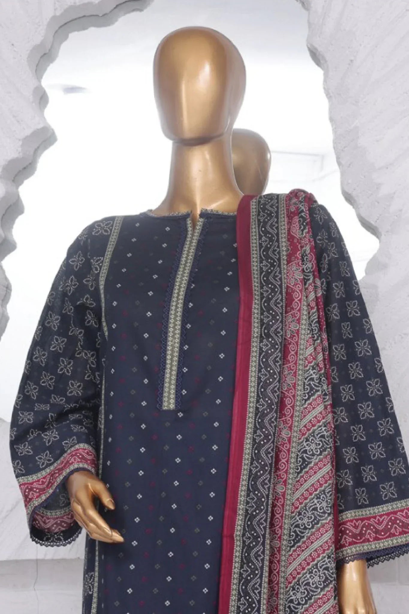 Bin Saeed Stitched 3 Piece Exclusive Printed Lawn Vol-03 Collection-AS-1530-Navy Blue