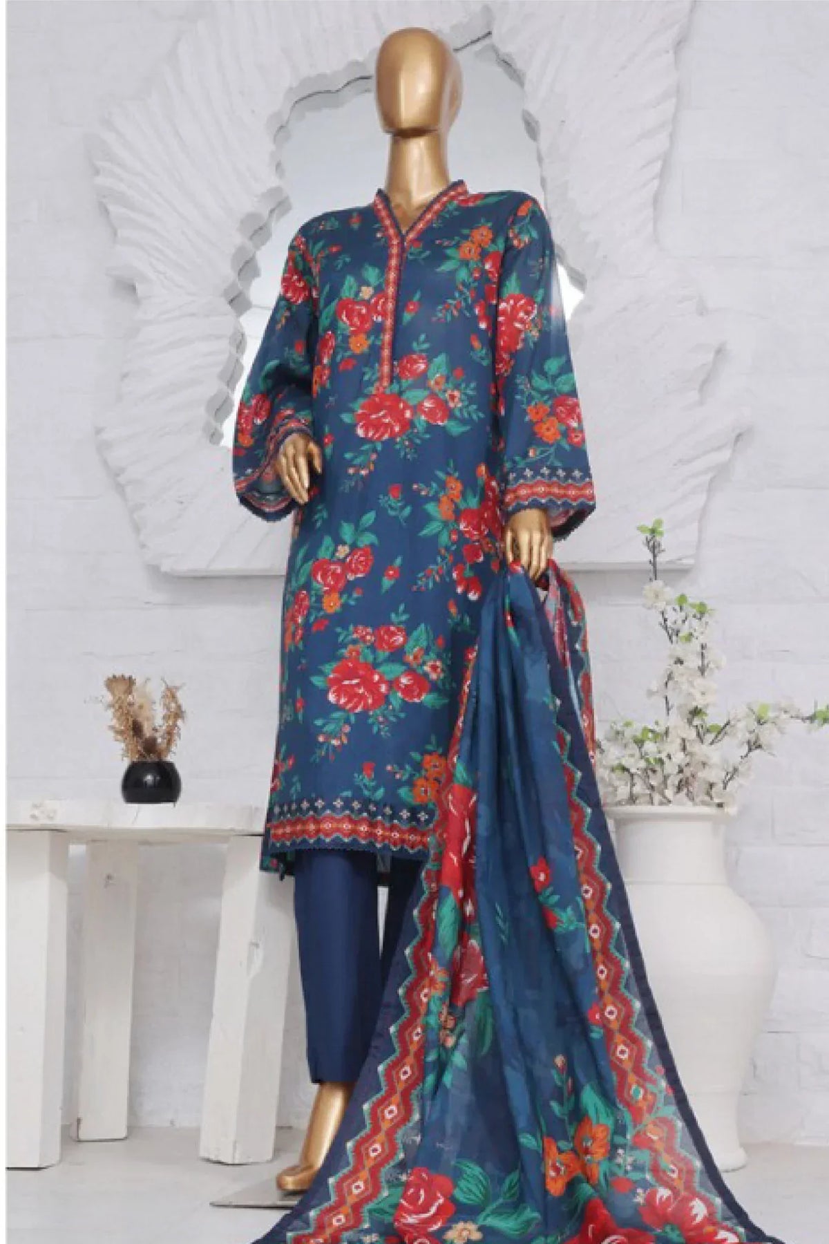 Bin Saeed Stitched 3 Piece Exclusive Printed Lawn Vol-03 Collection-SM-1531-Blue