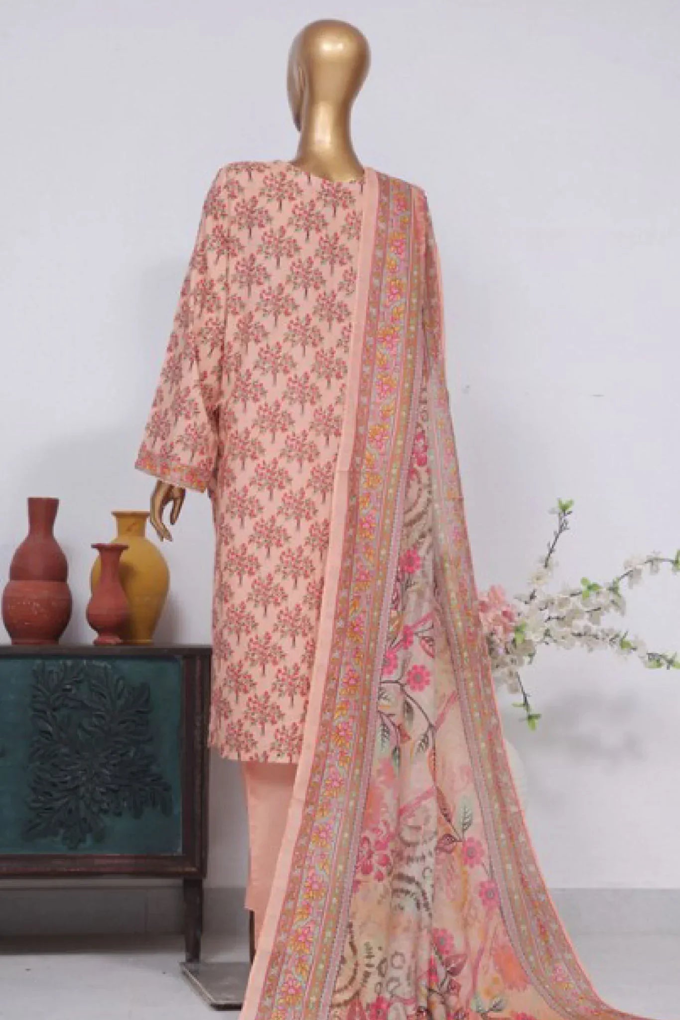 Bin Saeed Stitched 3 Piece Exclusive Printed Lawn Vol-03 Collection-AS-1532-Peach