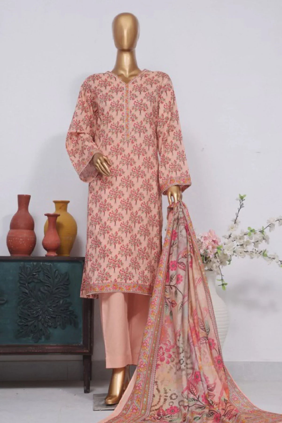 Bin Saeed Stitched 3 Piece Exclusive Printed Lawn Vol-03 Collection-AS-1532-Peach