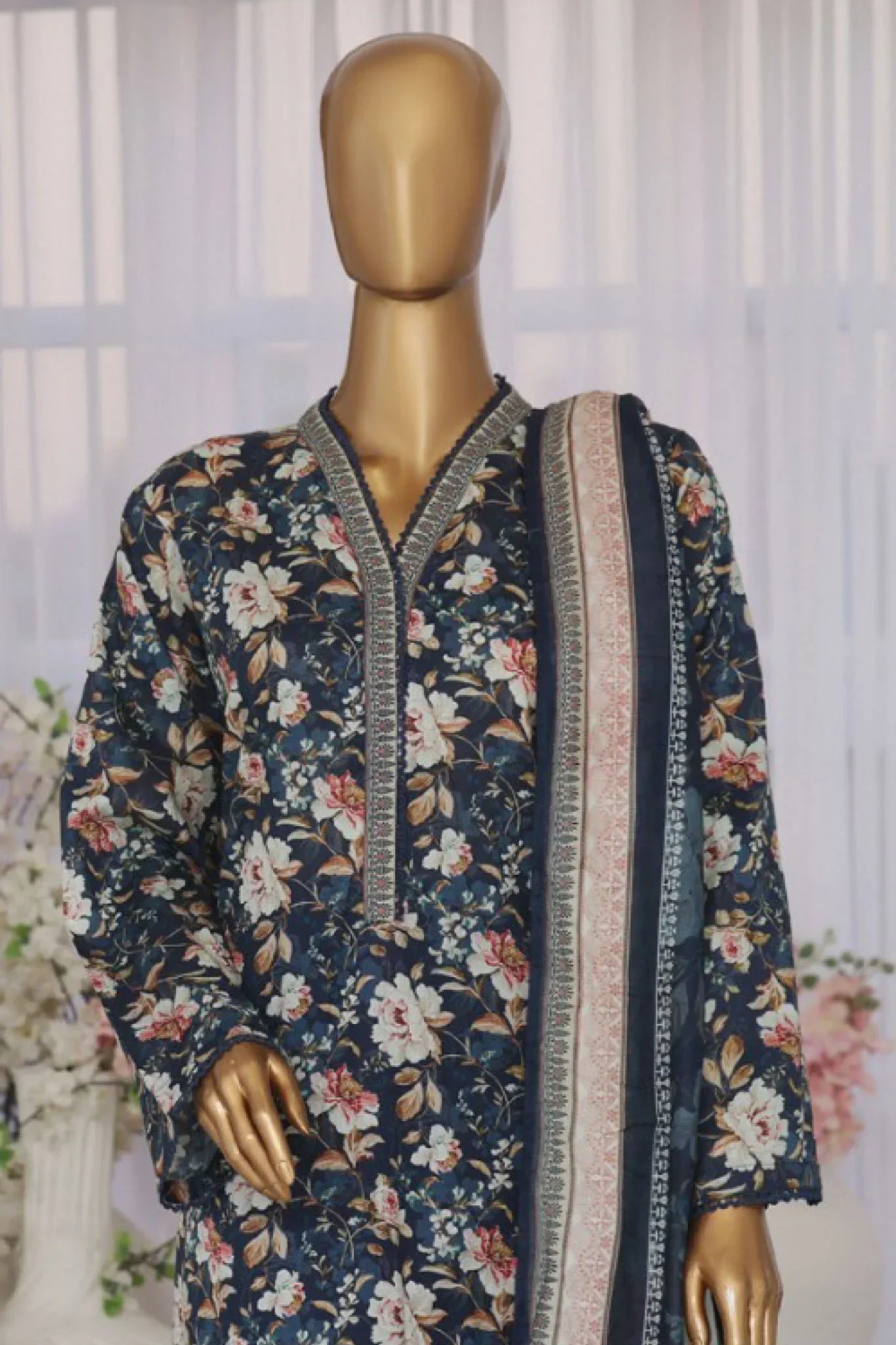 Bin Saeed Stitched 3 Piece Exclusive Printed Lawn Vol-03 Collection-SM-1533-Navy Blue