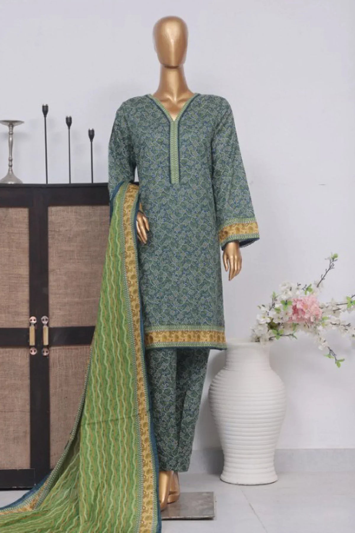 Bin Saeed Stitched 3 Piece Exclusive Printed Lawn Vol-03 Collection-AS-1534-Green