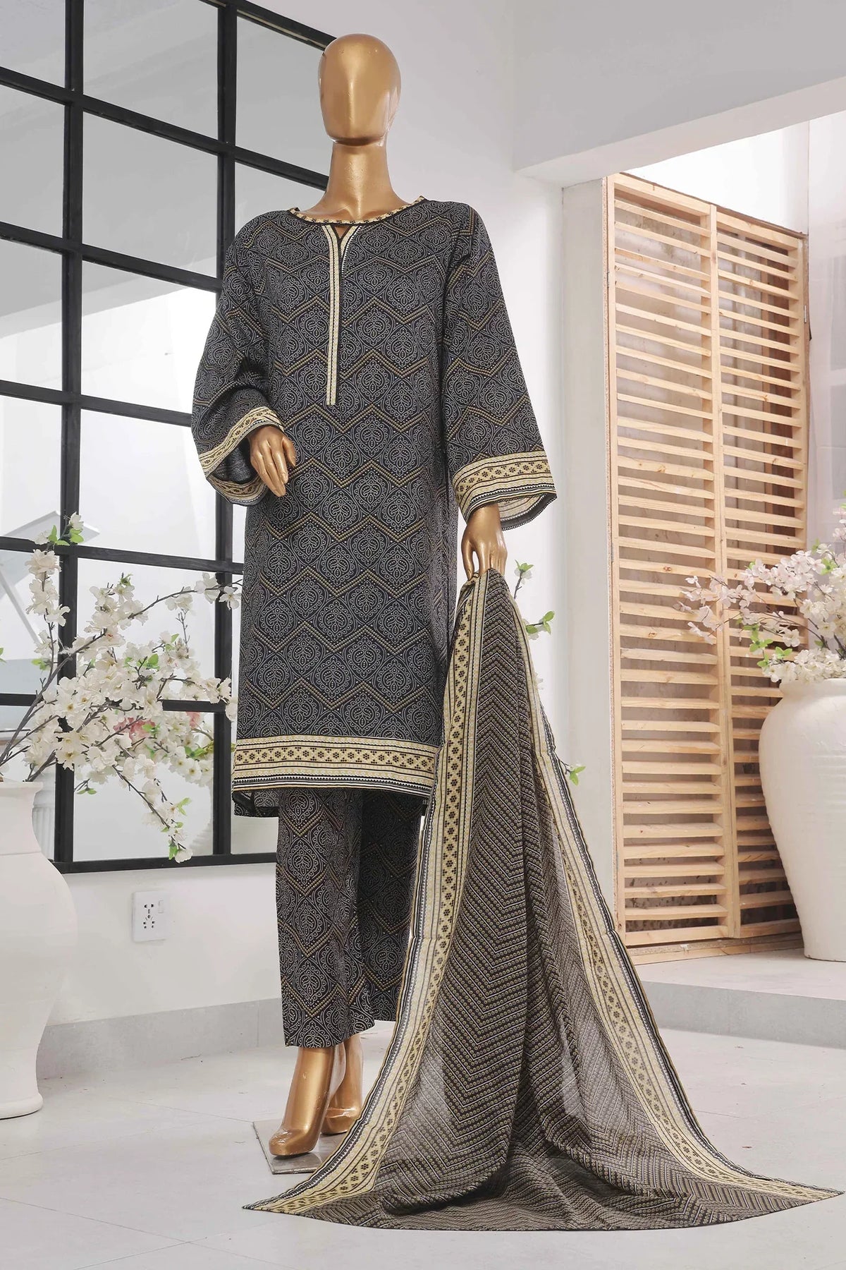 Bin Saeed Stitched 3 Piece Exclusive Printed Lawn Vol-04 Collection-SM-1455-Black