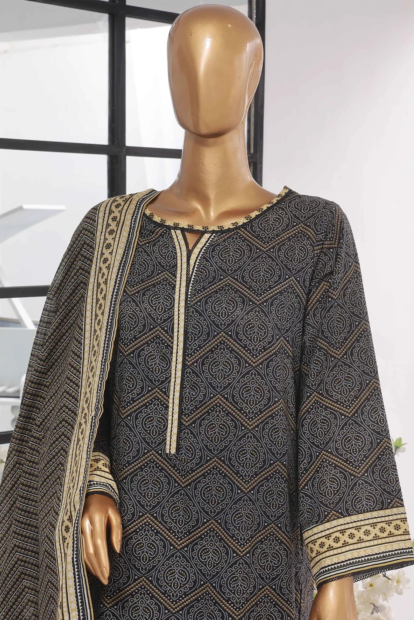 Bin Saeed Stitched 3 Piece Exclusive Printed Lawn Vol-04 Collection-SM-1455-Black