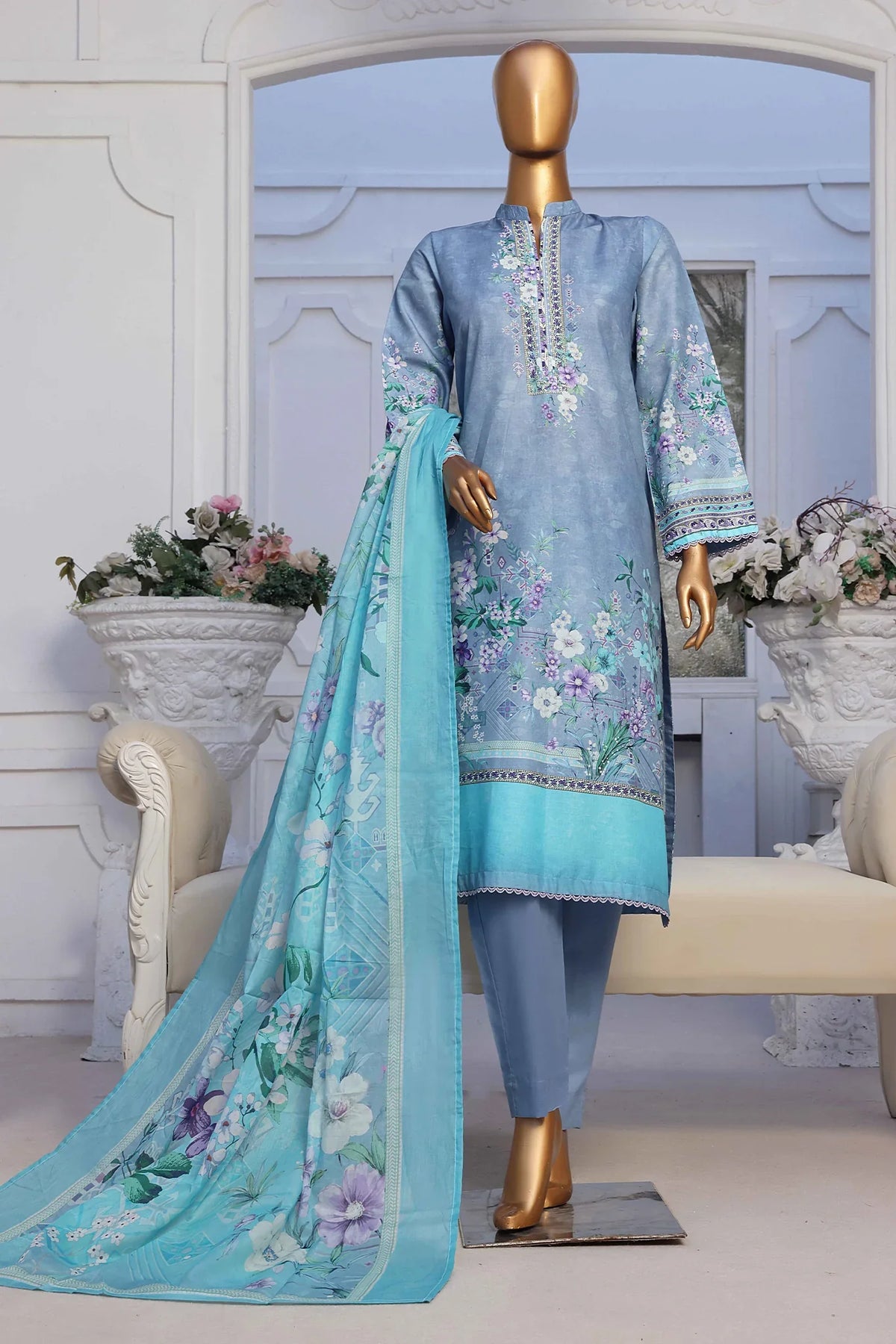 Bin Saeed Stitched 3 Piece Exclusive Printed Lawn Vol-05 Collection-SM-1521-Sky Blue