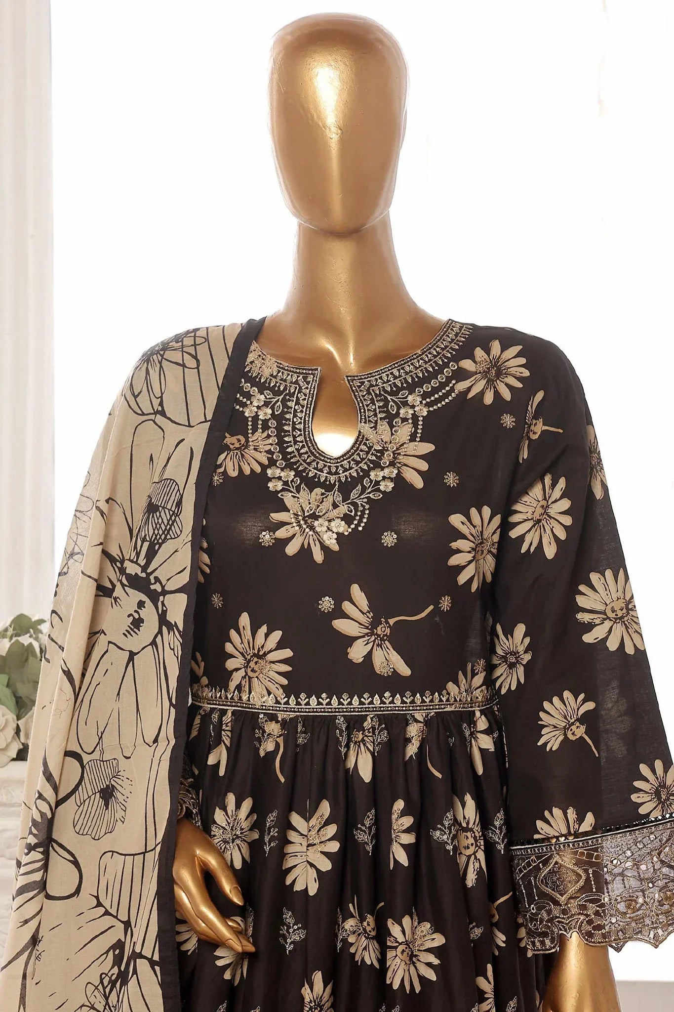 Bin Saeed Stitched 3 Piece Emb Lawn Frock Vol-02 Collection-SM-1620-Black