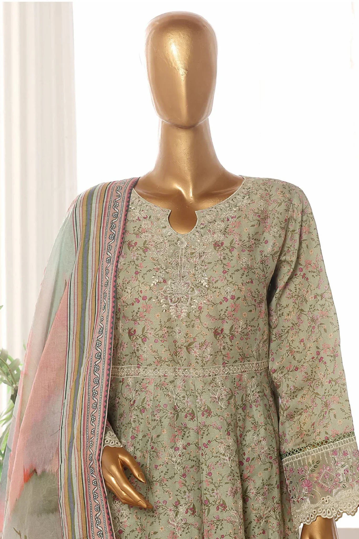 Bin Saeed Stitched 3 Piece Emb Lawn Frock Vol-02 Collection-SM-1625-Green