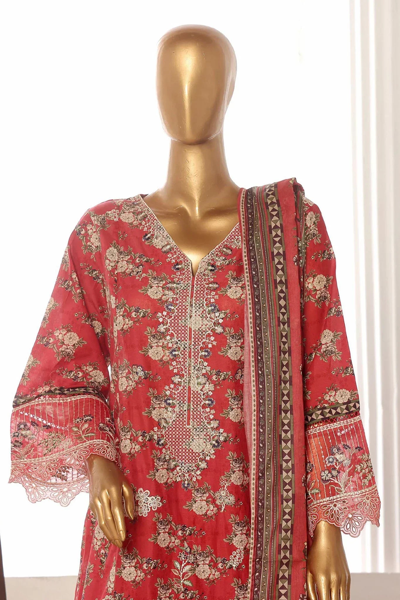 Bin Saeed Stitched 3 Piece Emb Lawn Frock Vol-02 Collection-SM-1627-Red